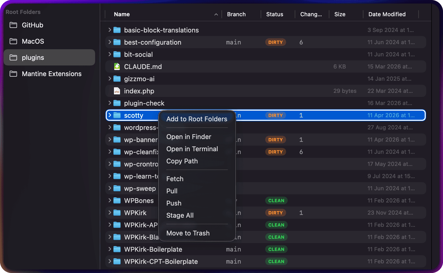 Context menu on a tracked file showing Stage / Unstage and standard actions