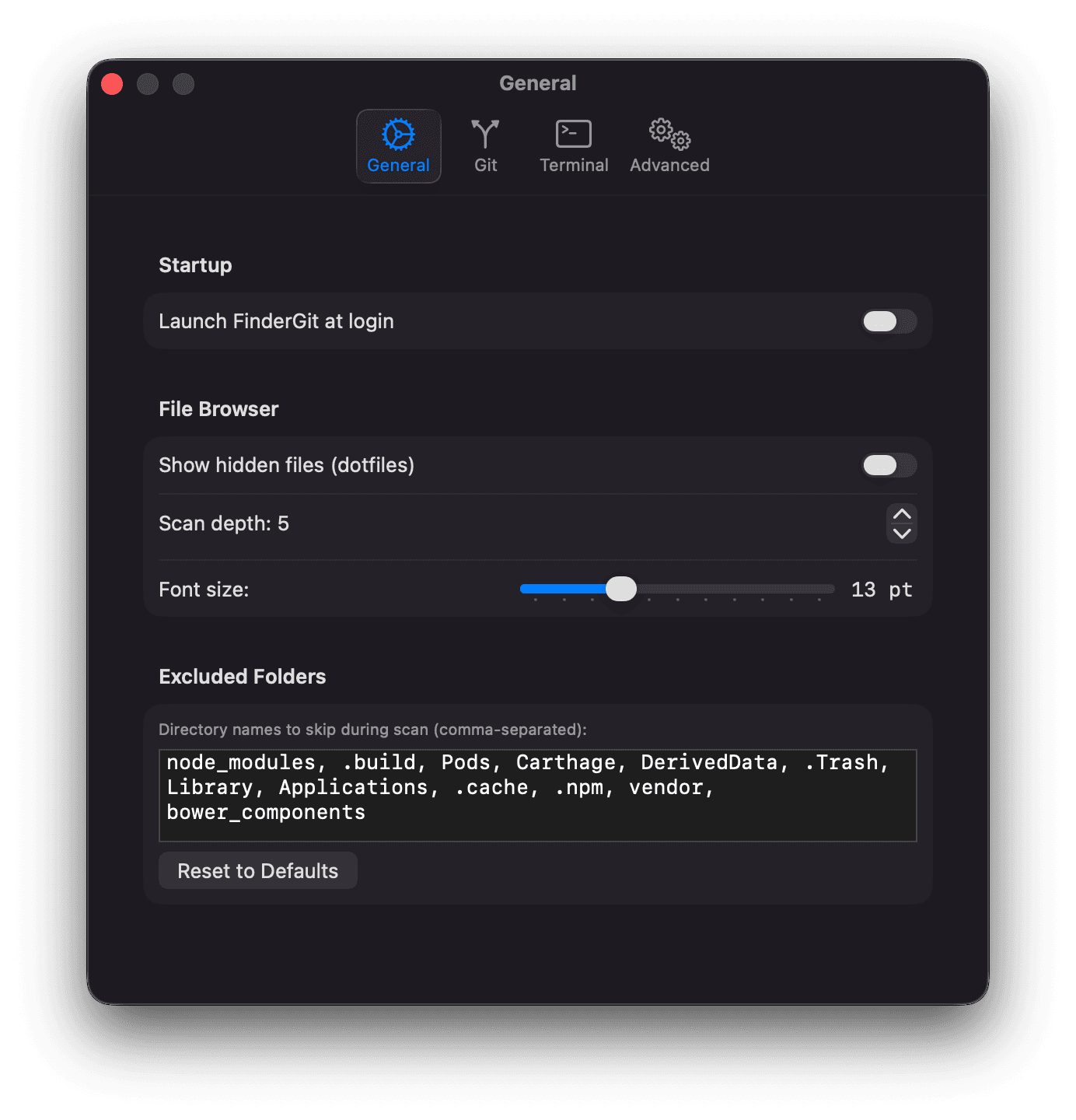 Settings — General tab