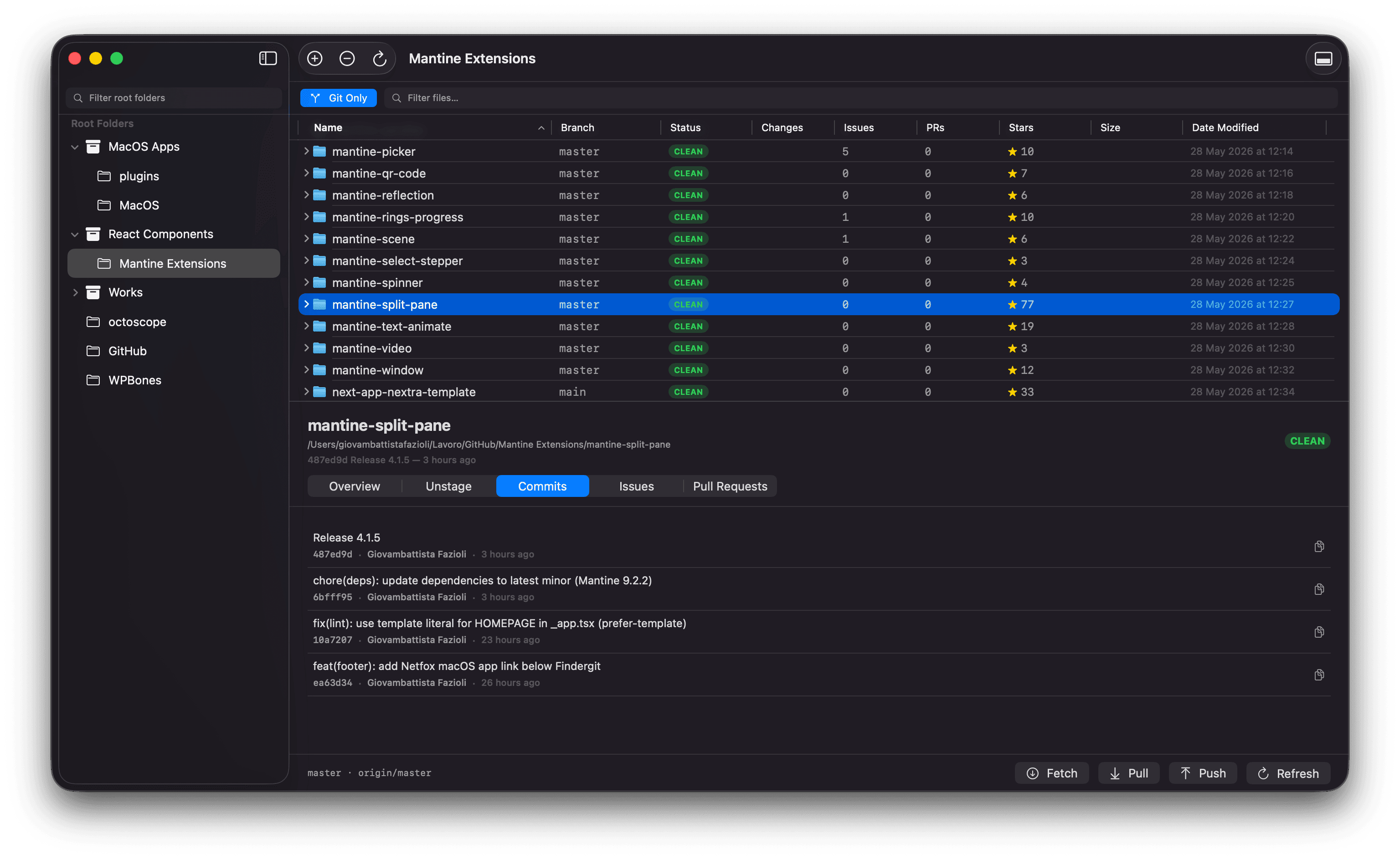 Commits tab with recent commit rows — subject, short SHA, author, relative date, copy button
