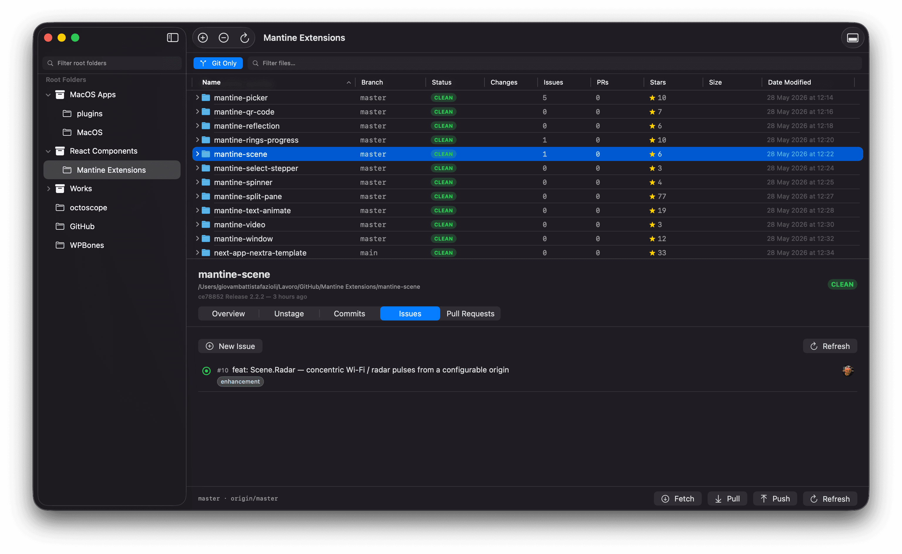 Issues tab populated on a Mantine extension repo