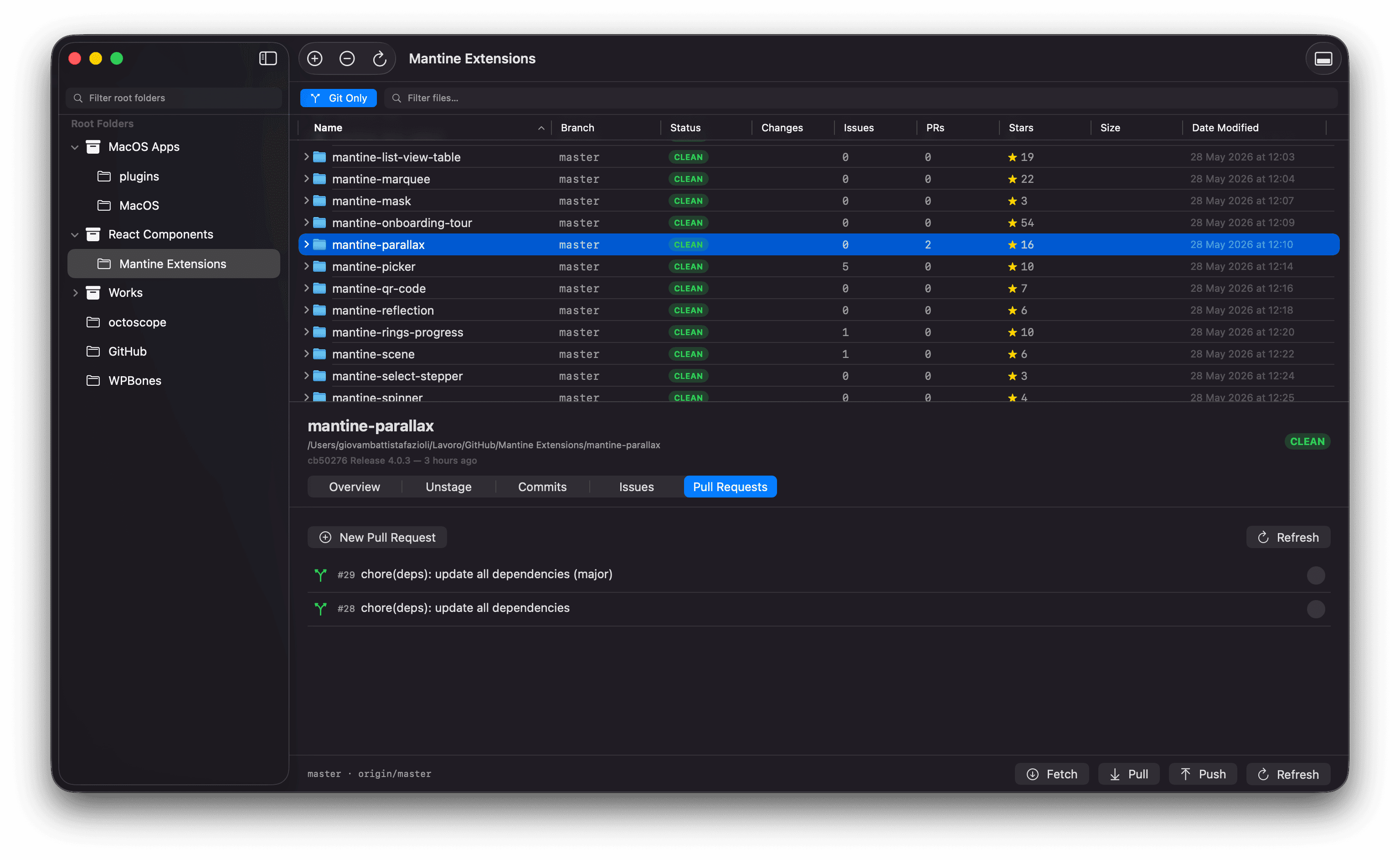 Pull Requests tab — Renovate-style dependency-update PRs visible in the list