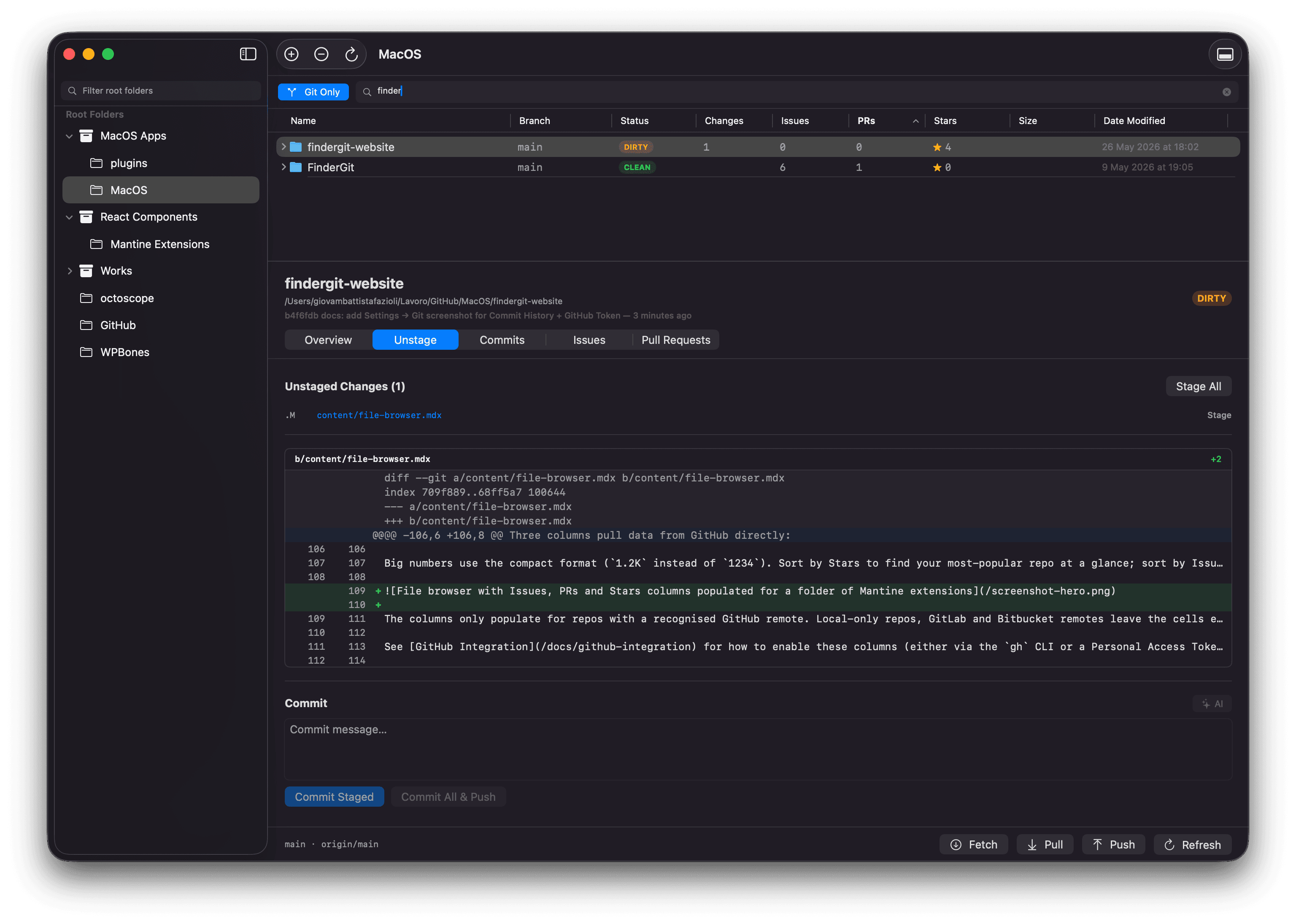 Unstage tab with changes list, inline diff, and the commit form